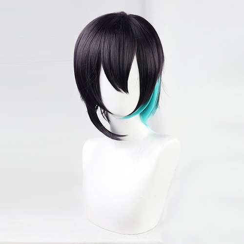 コスプレ耐熱ウィッグ ブラック アクアグリーン メッシュ ショート ウィッグ ★にじさんじ/黛灰 等 ★受注品★