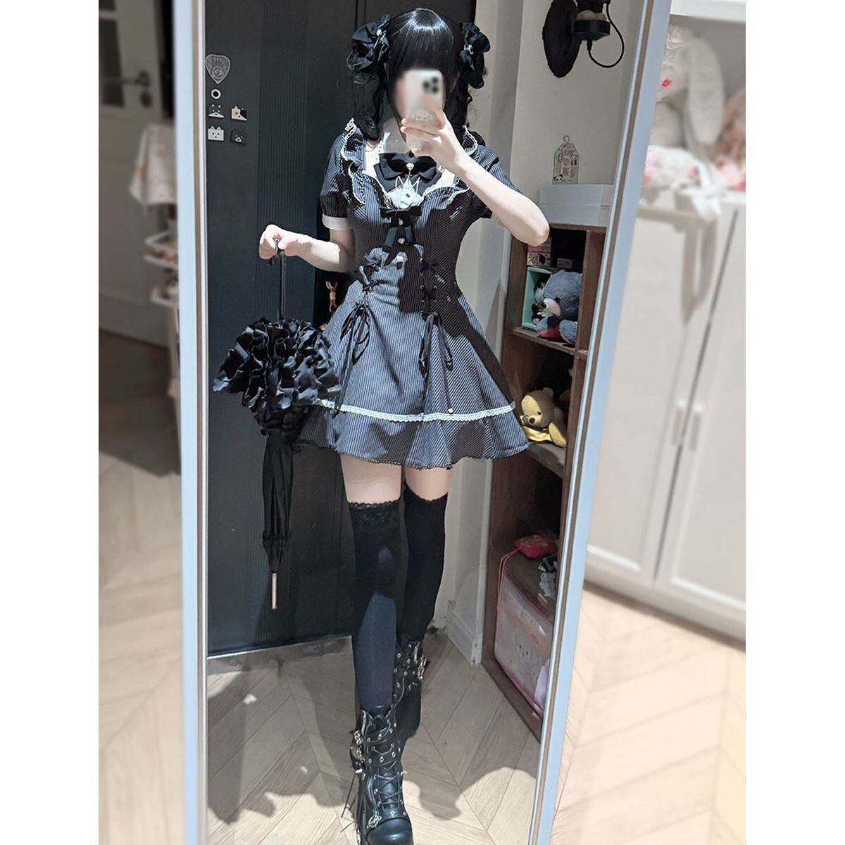 地雷系ブラックストライプショートパンツセットアップ | Maiden's Rêve