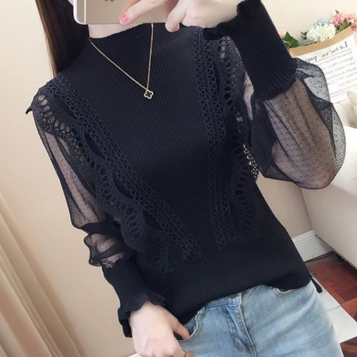 ニット レディース シースルー ドット柄 スカラップレース エレガント カジュアル 異素材 リブ 韓国 ファッション ニット レディース シースルー ドット柄 スカラップレース エレガント カジュアル