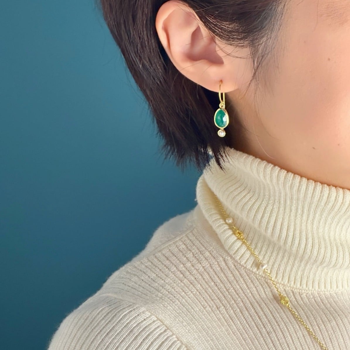 ラスト2！】Gold Coating グリーンオニキス とプチパール フックピアス