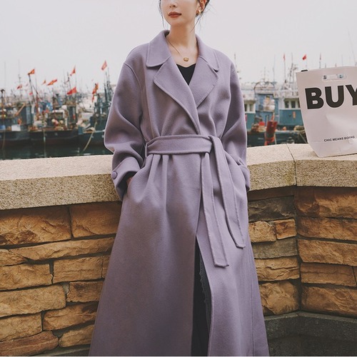 【パープルロングチェスターコート】オーバーシルエット ウエストリボン フェミニン 上品