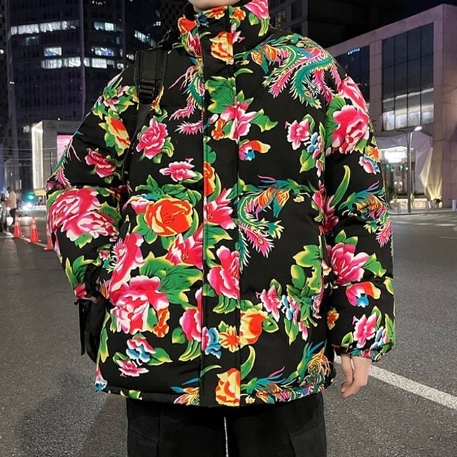 【予約販売】ダウンジャケット アウター レトロ 花柄 メンズ お洒落 ブラック レッド ブルー こなれ感 ベーシック 秋 大きいサイズ M/L/XL/2XL/3XL/4XL/5XL