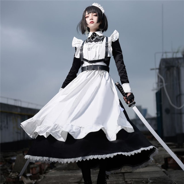 （2点）かっこいい メイド服 cosplay M-5XL  大きいサイズ ブラック レース ワンピース57540561