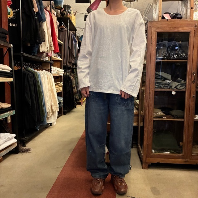 French type Linen cotton Crew neck shirt L/S White　フランスタイプ　リネンコットンクルーネックシャツ　ホワイト　ロングスリーブ　ファッション　ユニセックス　軍物　フランス軍　ミリタリー　長袖　インナー　ブラウス