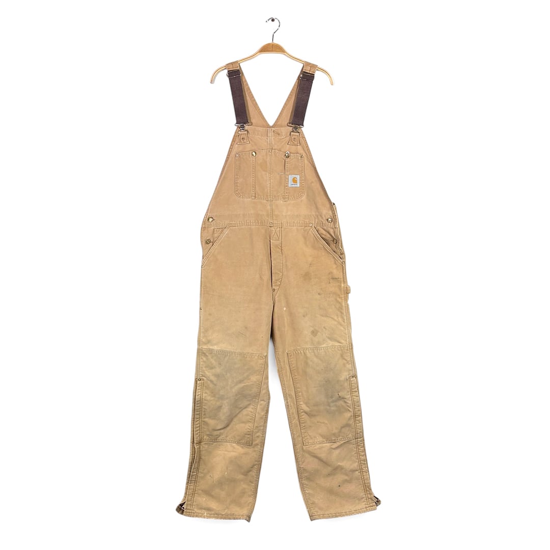 80s カーハート ダブルニー オーバーオール 股リベット ブラウンダック 内腰下キルティングライナー CARHARTT W36相当 古着 EC0027
