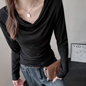 ドレープ Tシャツ 長袖 レディース 春秋 トップス 韓国 大人 カジュアル きれいめ ストリート おしゃれ ドレープネック 無地 カットソー 大人可愛い 大人女子