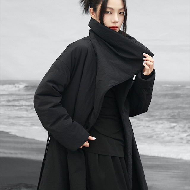 ロングコート ベルト付き コットン ゆったり スタンドカラー 大青龍肆