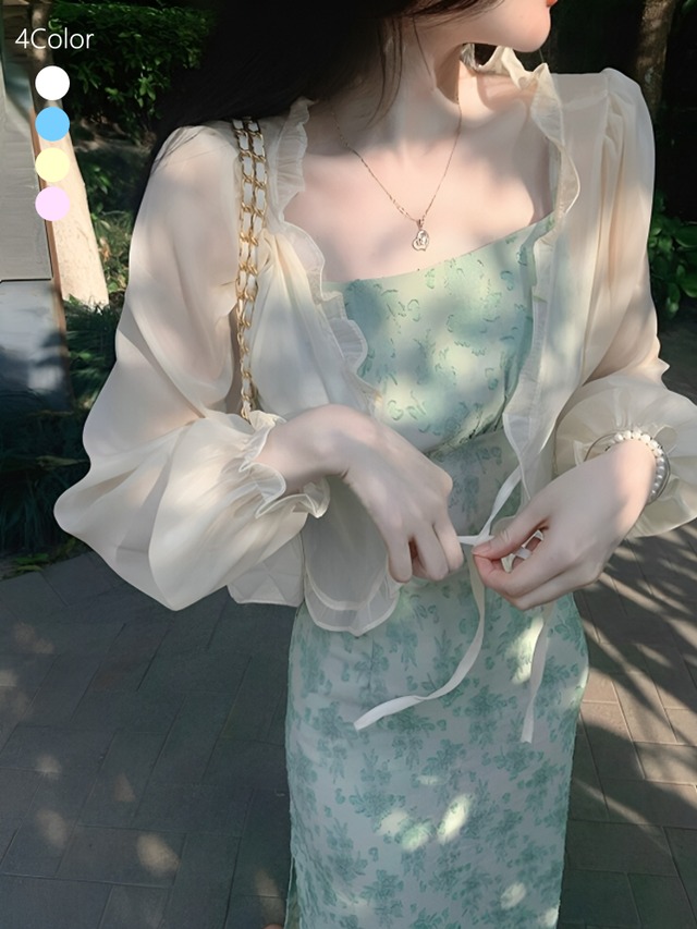 シフォンパフスリーブ カーディガンシャツ 4Color