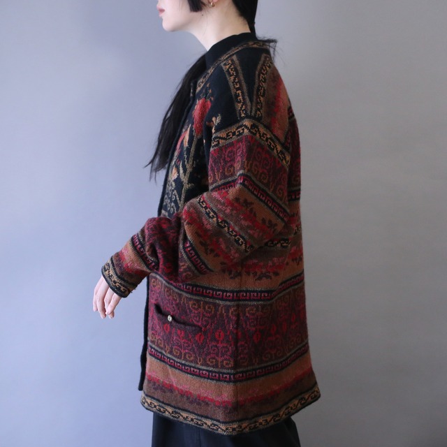 flower and geometry pattern no-collar knit jacket