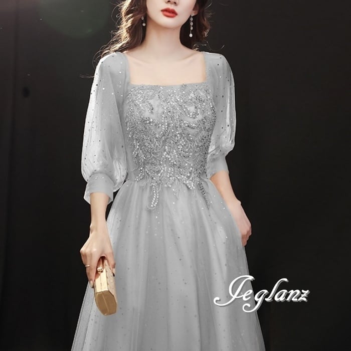 上品 パーティ イブニングドレス チュール ラメ 光沢感 7分袖 2色(M8899)ζ