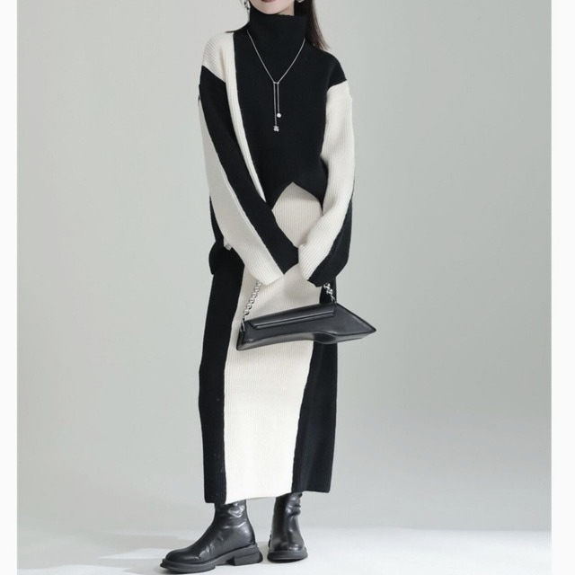 Bicolor oversized high neck knit setup C0861