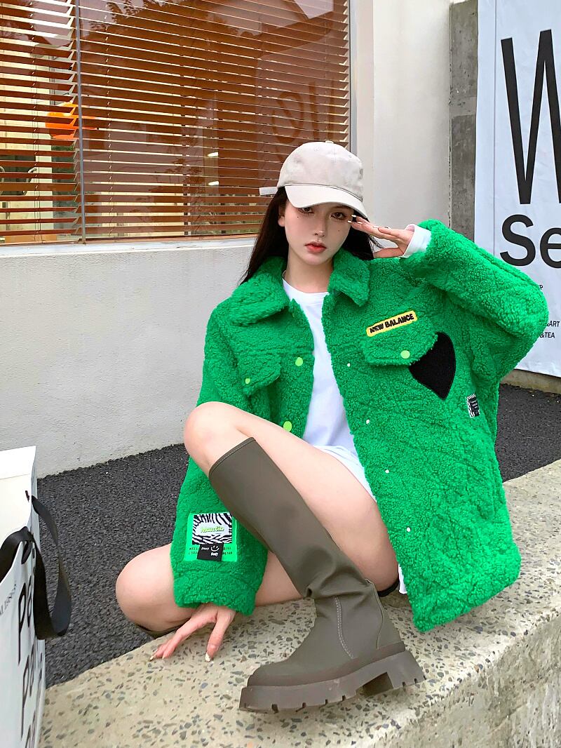 ウールジャケット ショートオータムウィンターベルベットグリーンルーズスタイルトップス 秋物 冬物 ブラックストロベリース23337832386