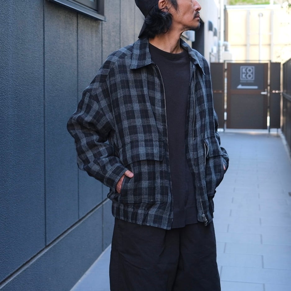 EVAN KINORI(エヴァン キノリ) /Zip Jacket Two Yarn Dye Linen Check-Charcoal/Brown/Black-