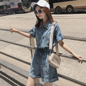 オールインワン レディース 送料無料 コンビネゾン ジャンプスーツ ロンパース 半袖 前開き デニム ドローストリング ウエストゴム フロントボタン ポケット付き ハイウエスト ウエストマーク ベルト 体型カバー 脚長 ブルー ショートパンツ Iライン ワイド 楽ちん ゆったり 大人可愛い 大人女子 おしゃれ お洒落 ラフ モダン スタイリッシュ カジュアル ガーリー キュート レトロ こなれ感 マニッシュ ボーイッシュ 夏服 普段使い 重ね着 おでかけ 10代 20代 S M L XL