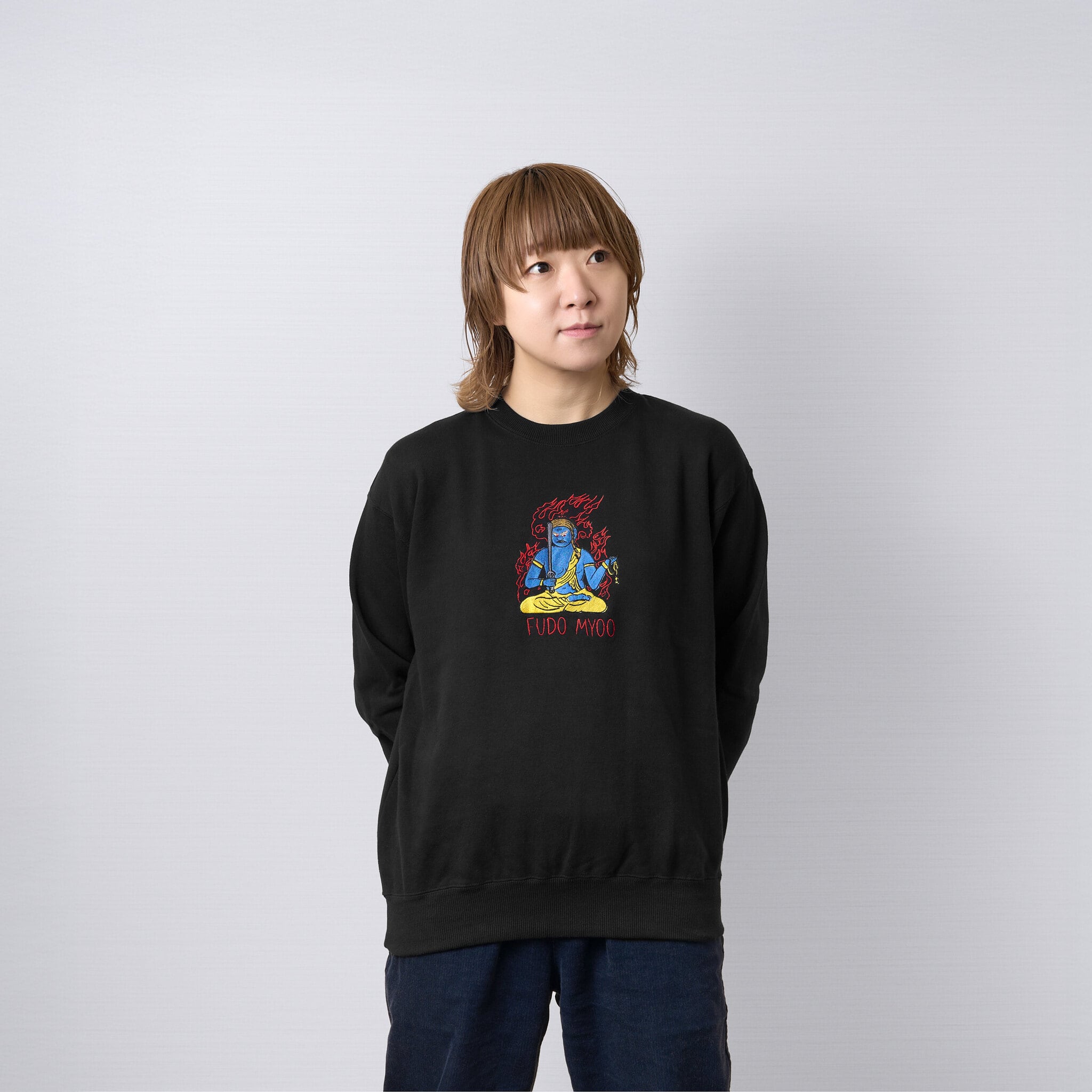 不動明王 仏像 トレーナー (刺繍) 10.0oz ブラック/グレー/アイビー