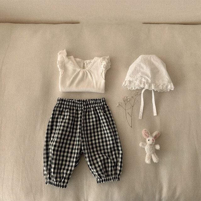 【BABY】韓国風 レースベスト&チェック柄パンツ