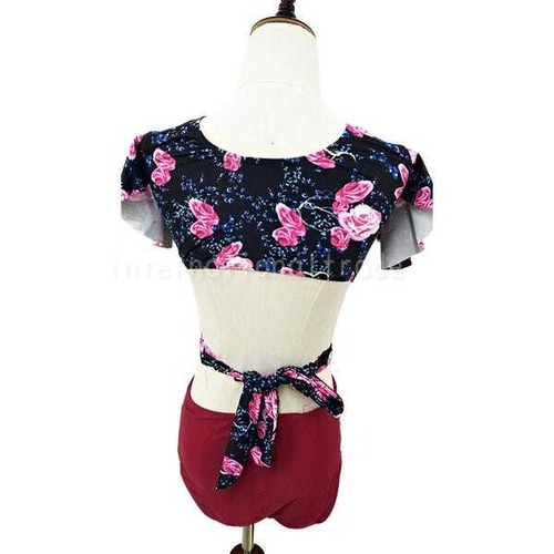 レディース水着 2点セット 花柄 薔薇柄 フラワー トップス クロスデザイン フリル袖 ハイウエスト ショーツ ワインレッド おしゃれ 体型カバー ビキニ セパレート セクシー 大人可愛い 背中リボン 着痩せ効果 夏 海 プール ビーチ 　w9143