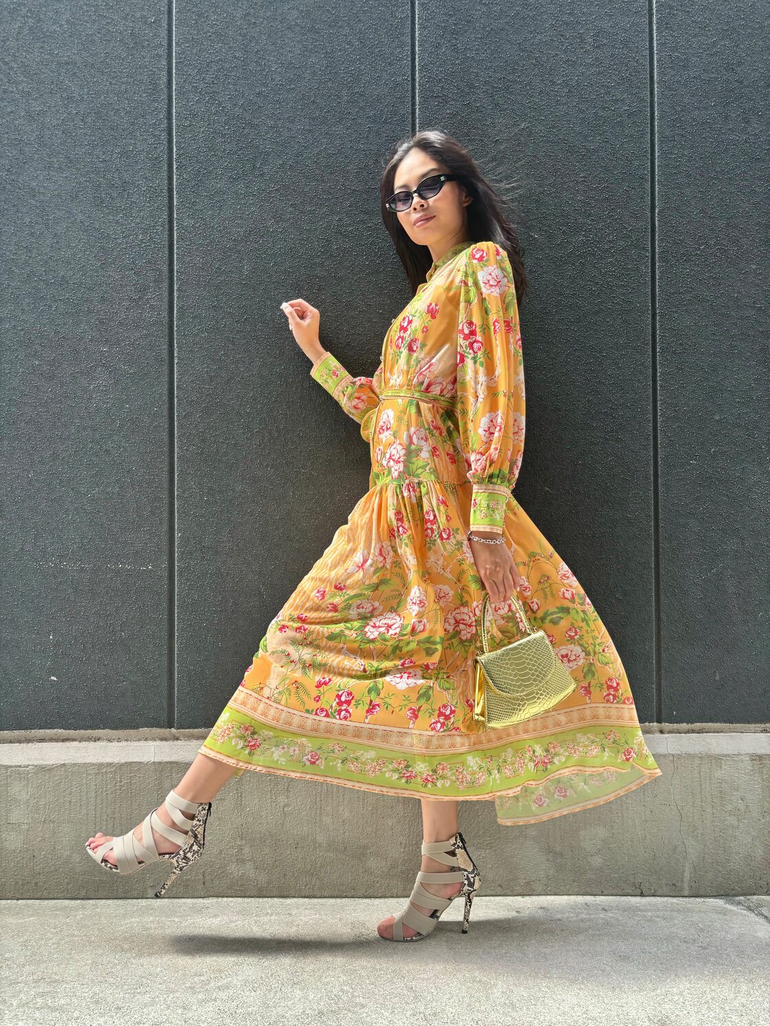 orange flower print chiffon long one-piece ワンピース ロングワンピ 