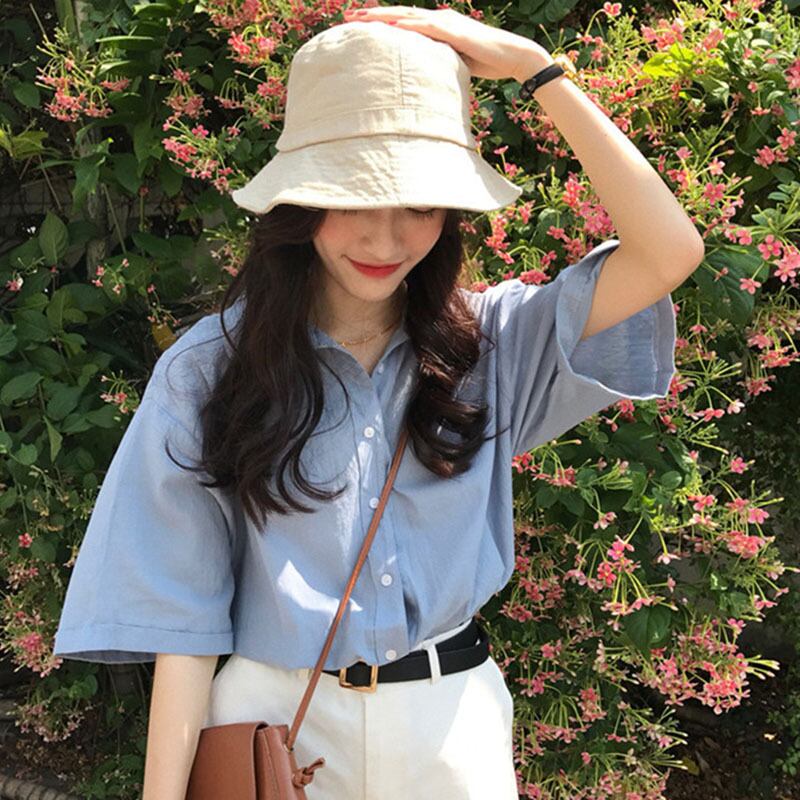 ルーズでシンプルなワイルド半袖ポロカラーシャツシャツピュアカラーBFの春夏バージョンは薄手のミドル丈シャツの女性でした YY-ファッション14773440246