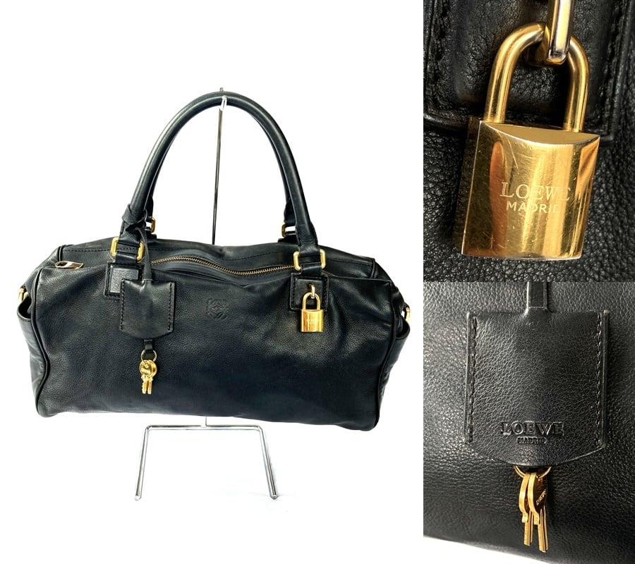 LOEWE ロエベ アナグラム レザー ハンドバッグ ミニ ボストン ブラック