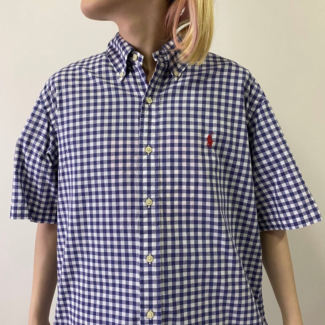 RALPH LAUREN ラルフローレン CLASSIC FIT ギンガムチェックシャツ 半袖シャツ メンズM 古着 ボタンダウンシャツ B.Dシャツ  パープル ホワイト 紫色 白【半袖シャツ】 | cave 古着屋【公式】古着通販サイト