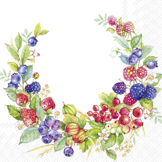 2024春夏【IHR】バラ売り2枚 ランチサイズ ペーパーナプキン SUMMER BERRIES WREATH ホワイト