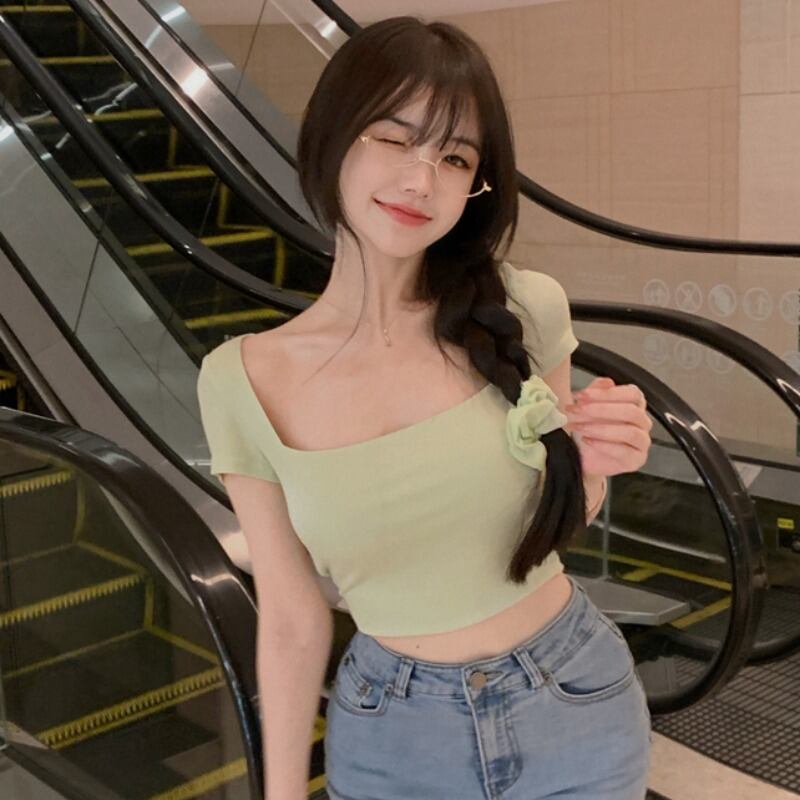 サマーカラー半袖スリーブスリムソリッド Tシャツ トップス ショート ハーフスリーブ 夏物 ピュア ソリッドカラー スクウェア ハンチェンe84593026214