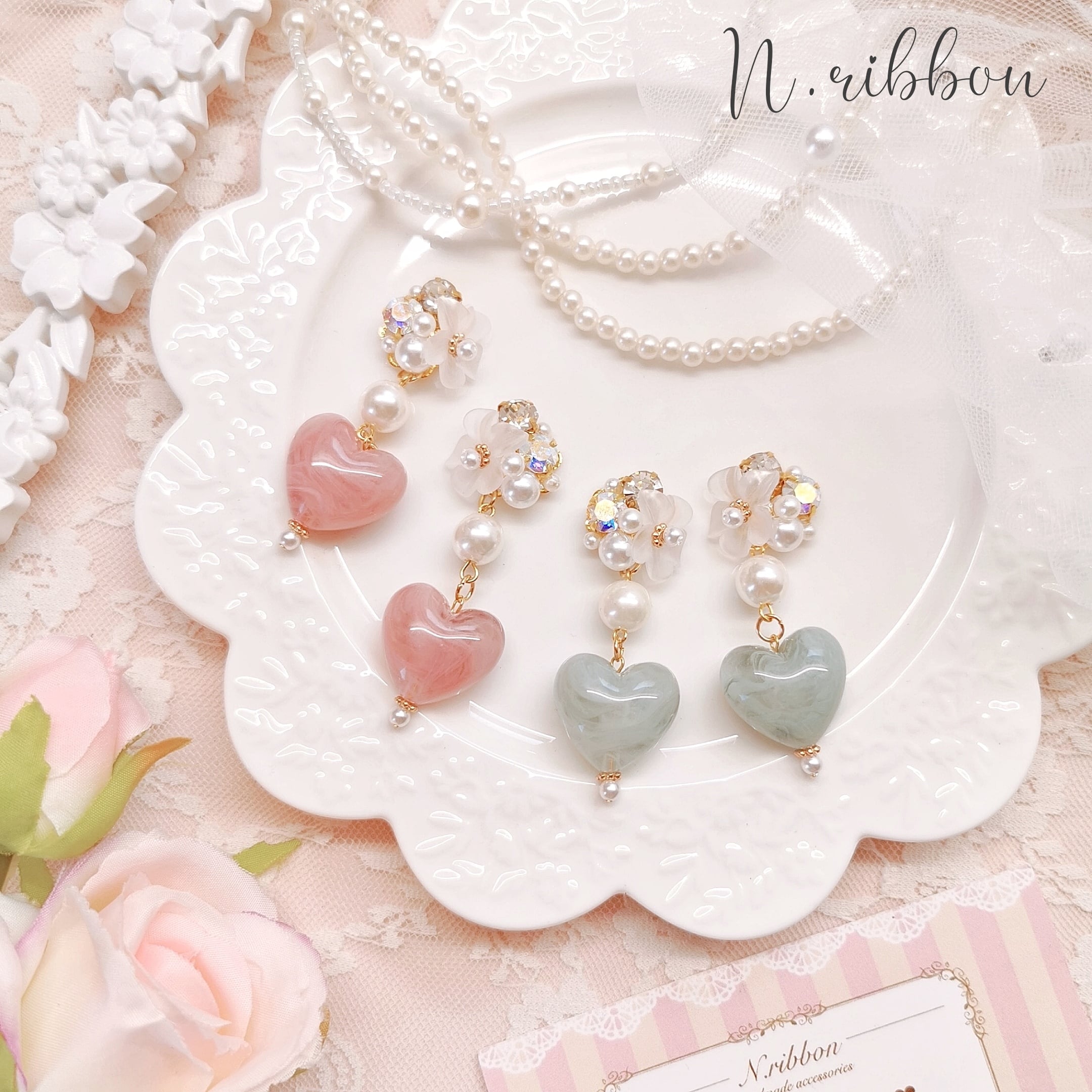 《 flower swarovski bijou × marble heart 》フラワースワロフスキービジュー マーブルハート ピアス/イヤリング | N.ribbon *handmadeaccessories* powered by BASE