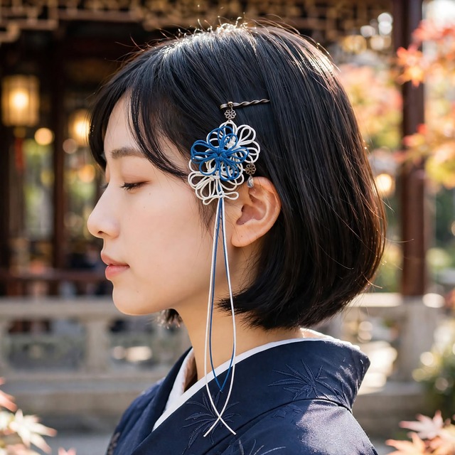 飾り結びヘアピン「輝の雪、此処に」（淡青×アイボリー）【軽量快適】ショートヘアも簡単和風アレンジ。
