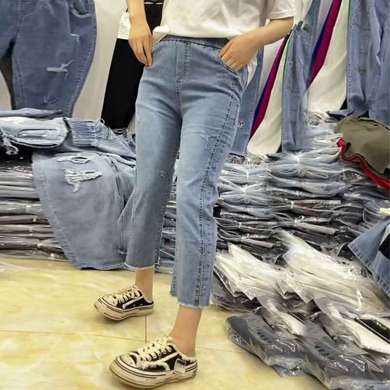 カジュアルストレッチウェスト薄手クロップドジーンズ エラスティック 伸縮 大きめサイズ ミックスインファッション78809509828