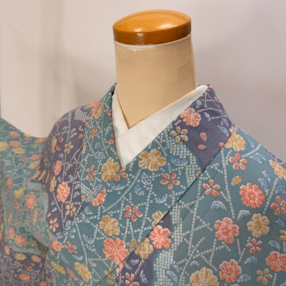 小紋 夏 絽 夏用 洗える着物 裄66.7cm 身丈162cm 花柄 お洒落着 普段着 ポリエステル パステルカラー 美品 M サイズ 5984