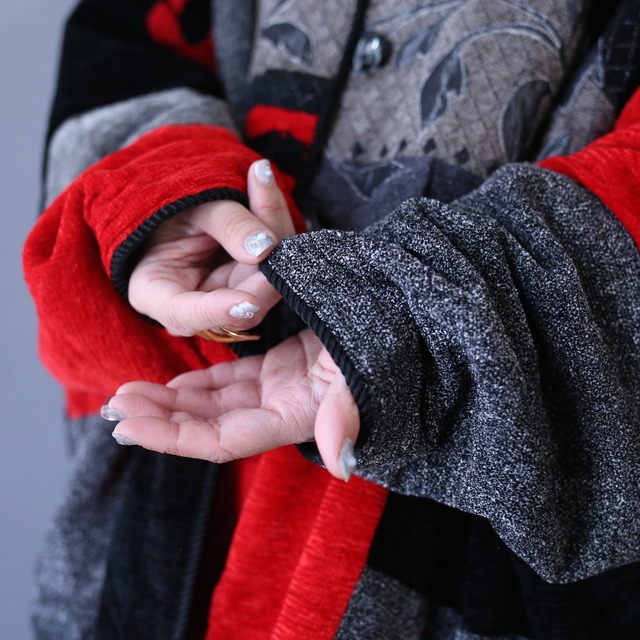 "刺繍" and multi fabric switching design over silhouette no-collar jacket