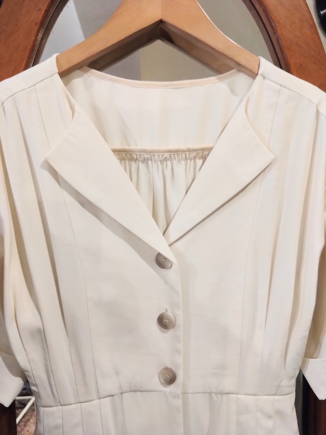 ナイチンゲール風生成りワンピース/アンティークレトロ無地アイボリー古着服