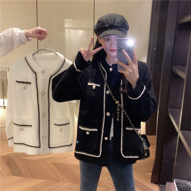 【予約販売】ジャケット レディース アウター ツイードライン ジャケット ビジューボタン レトロ 秋 冬 ブラック ホワイト