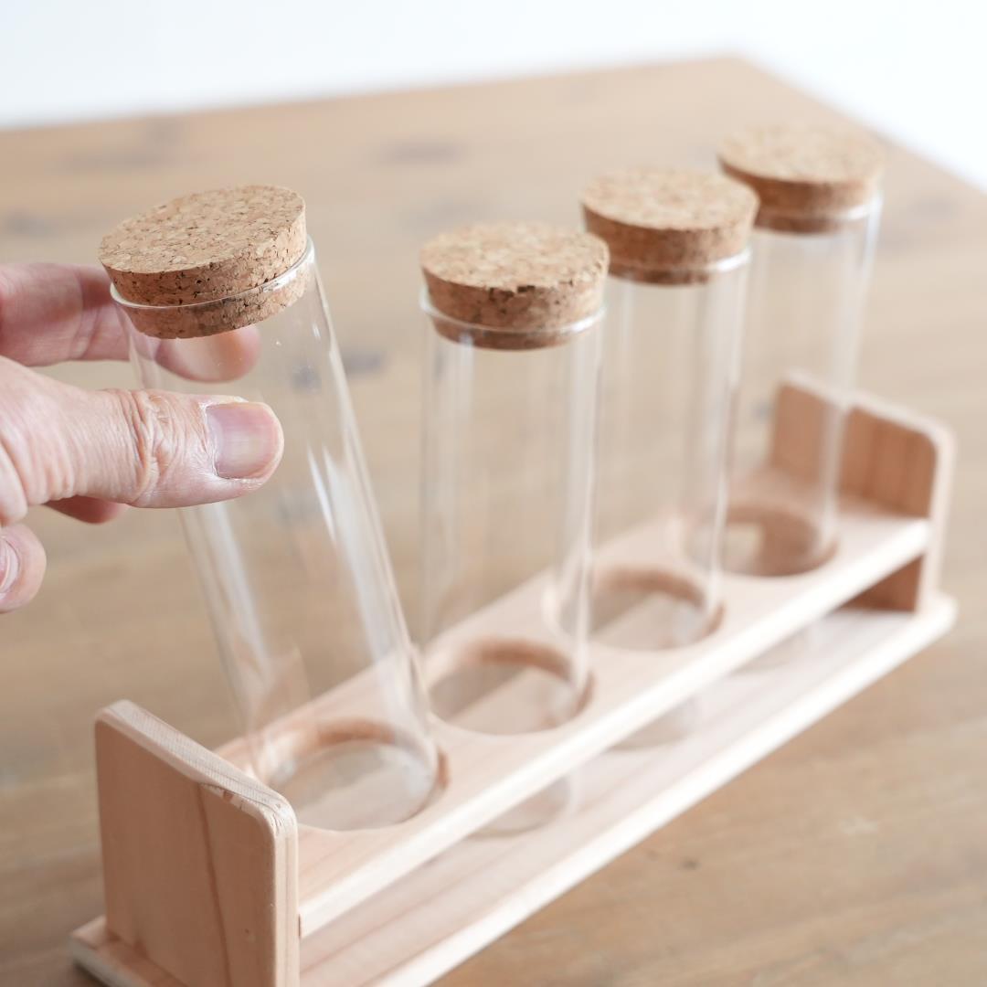 テラリウム・スパイス・ドライフラワーに】試験管4本・木製試験管立て