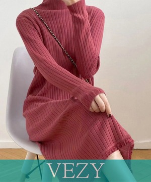 裾フリンジ付き リブニットワンピース秋冬 プチハイネック ロングワンピース 体型カバー 大人カジュアル 長袖 ミモレ丈インナーワンピ 着やせ おしゃれ ワンピース チュニック ベジー VEZY ItemNo.【20304225 】