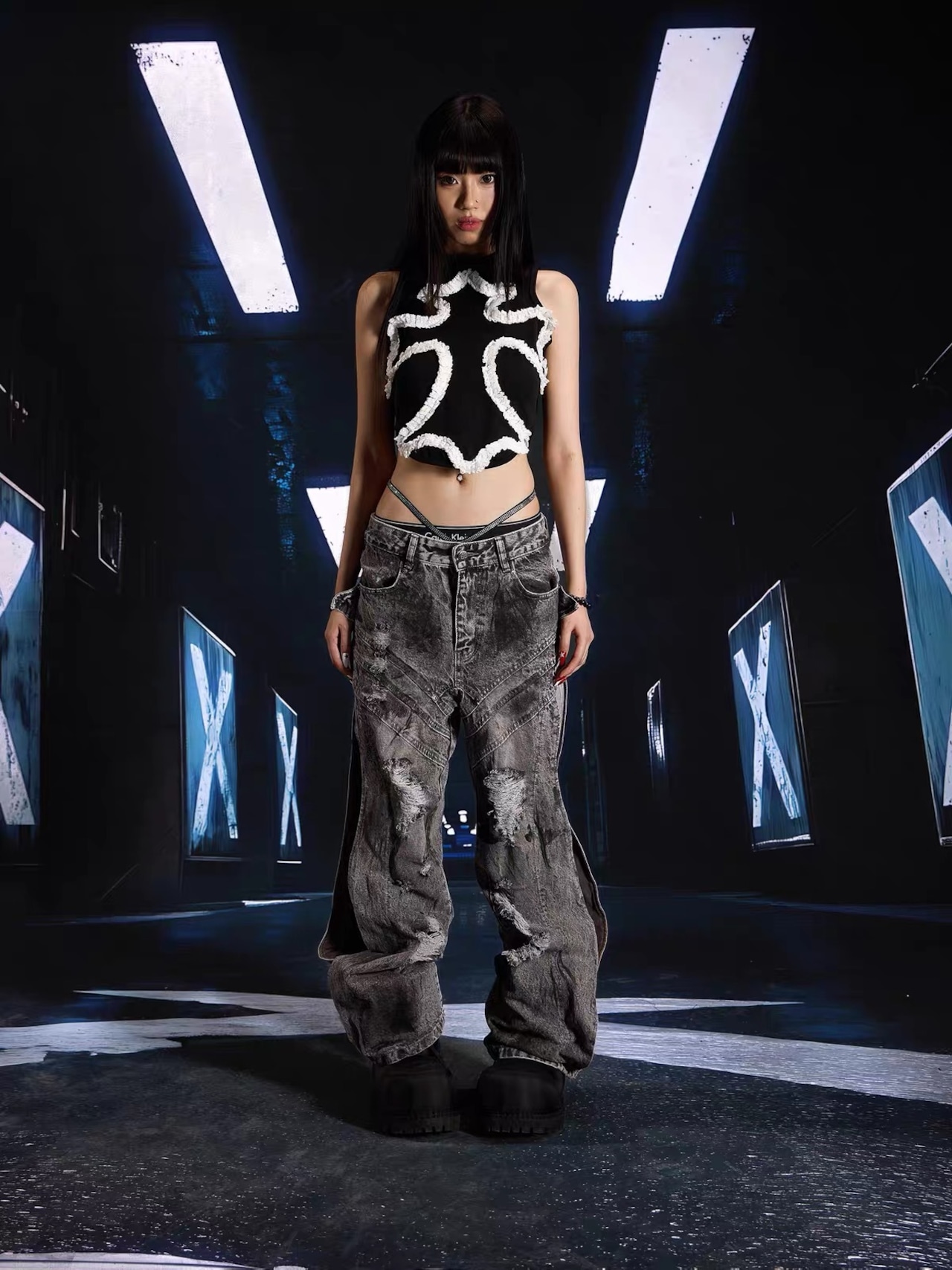 【SEXXDEVIL】Deconstructed Leather Panel Wash Wide Denim Pants