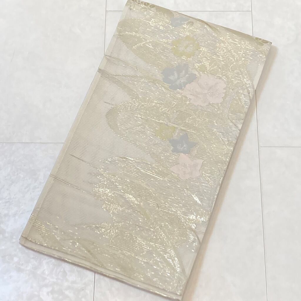 新規購入 紗の六通袋帯▫白地に銀、薄緑、ピンクで萩、桔梗模様▫芯