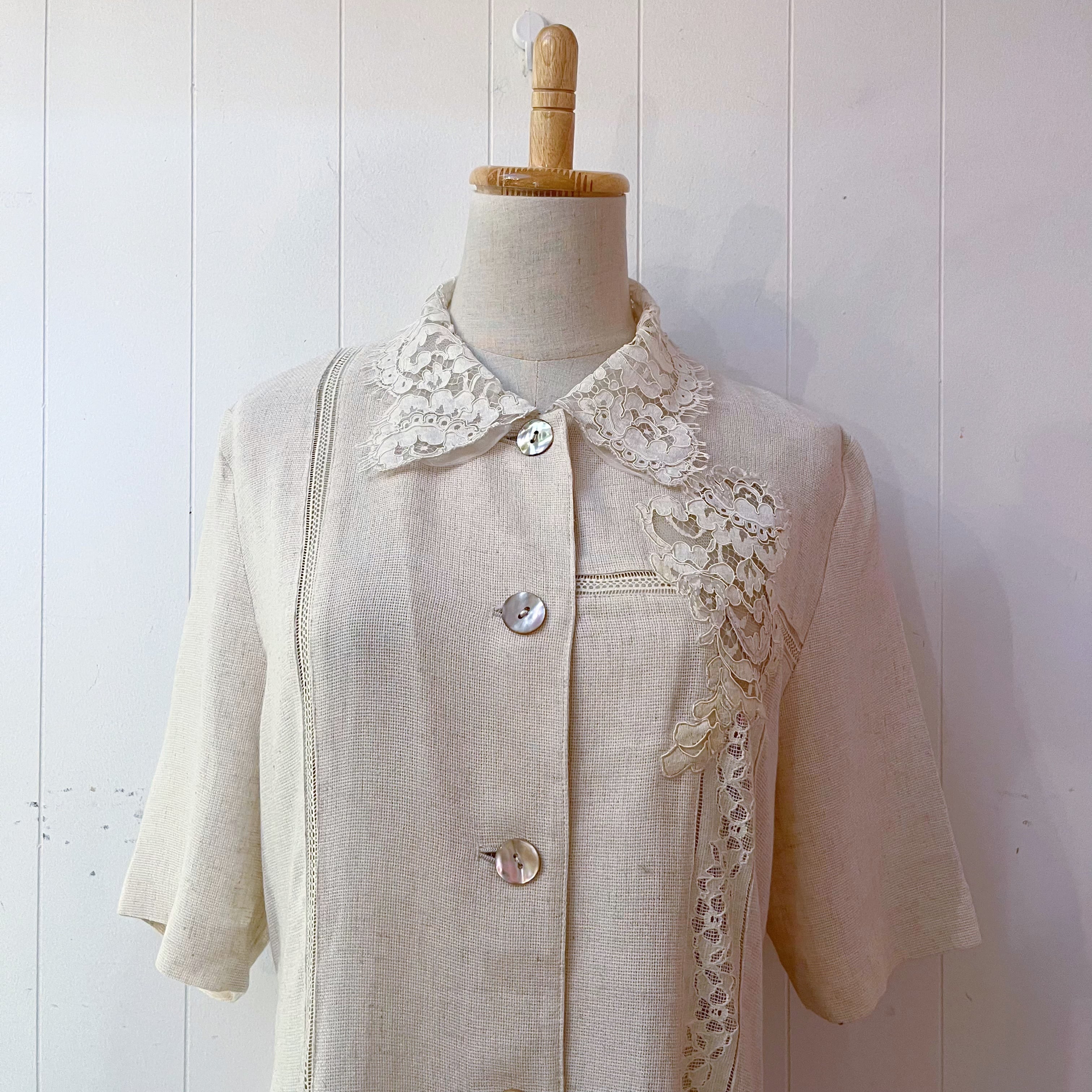 lace collar linen beige one-piece