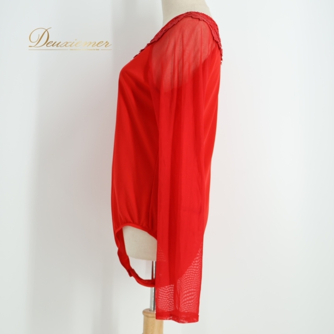 社交ダンス 衣装 レオタード チャコット Chacott レッド系 トップス 赤 長袖 透け感 レース レッスン 練習 鮮やか 日本製 上品 ストレッチ 伸縮