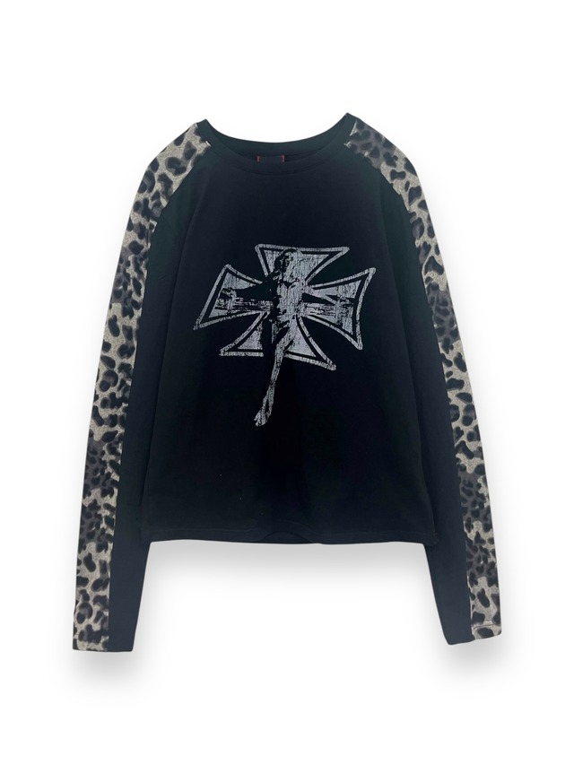 【noEmosen】leopard line cross print long T