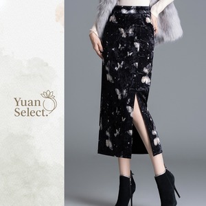 ベルベット蝶柄フロントスリットタイトスカート　YS00083