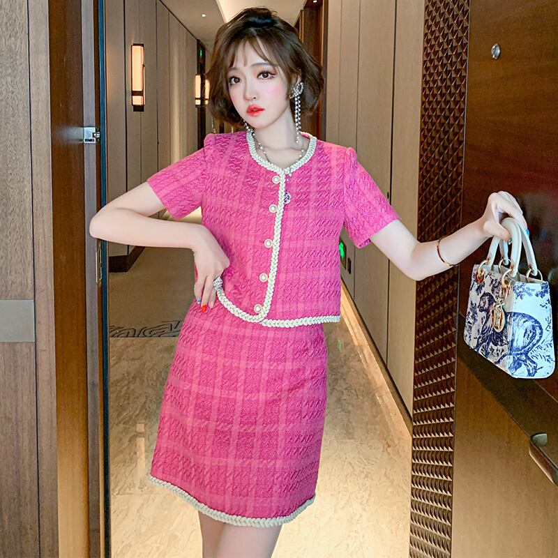 レースボタンカーディガントップス 格子柄ツィードスカート オータム 秋物 MIUCO73822997690