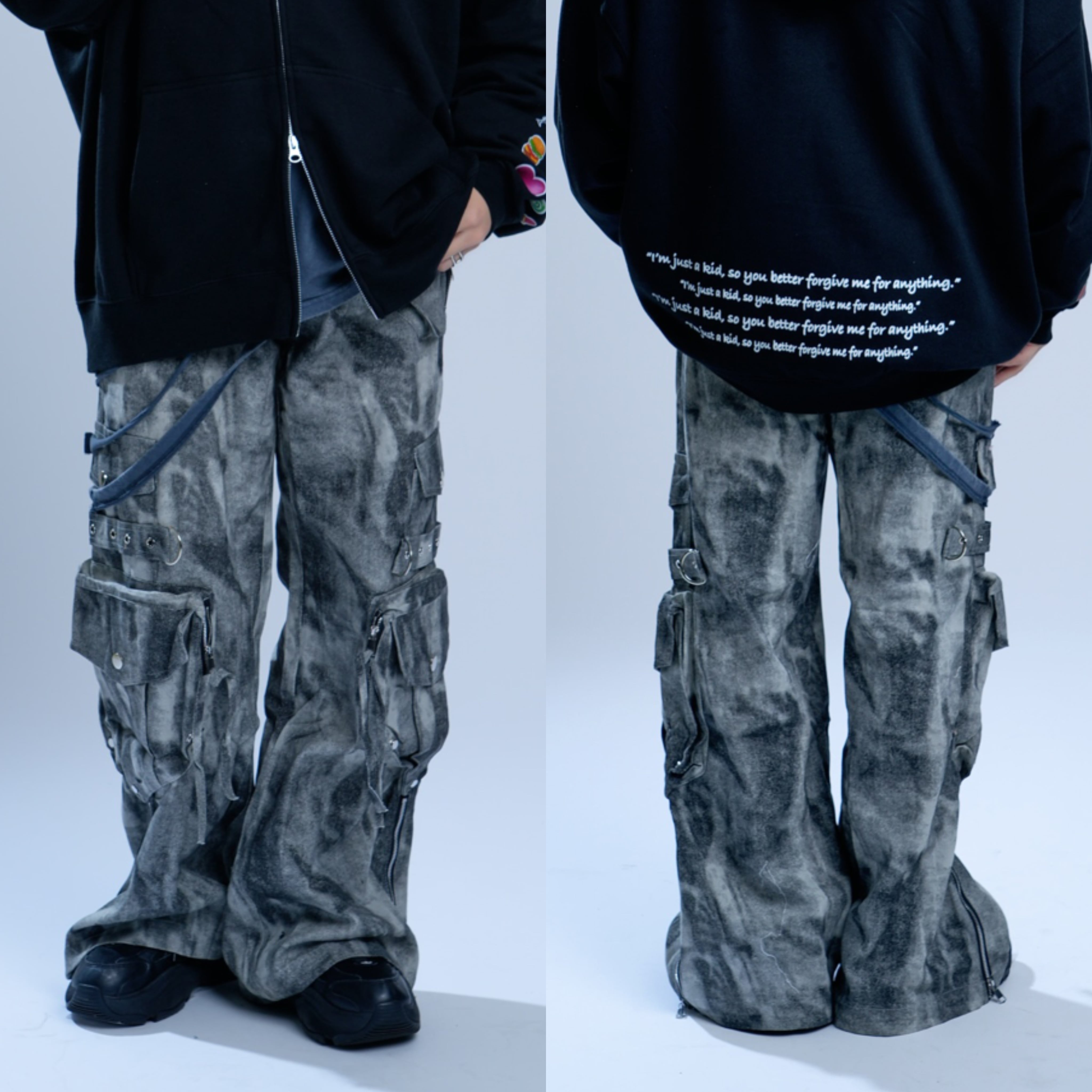 スプレーペイントデニムカーゴパンツ グランジ ストリート Y2K | 韓国