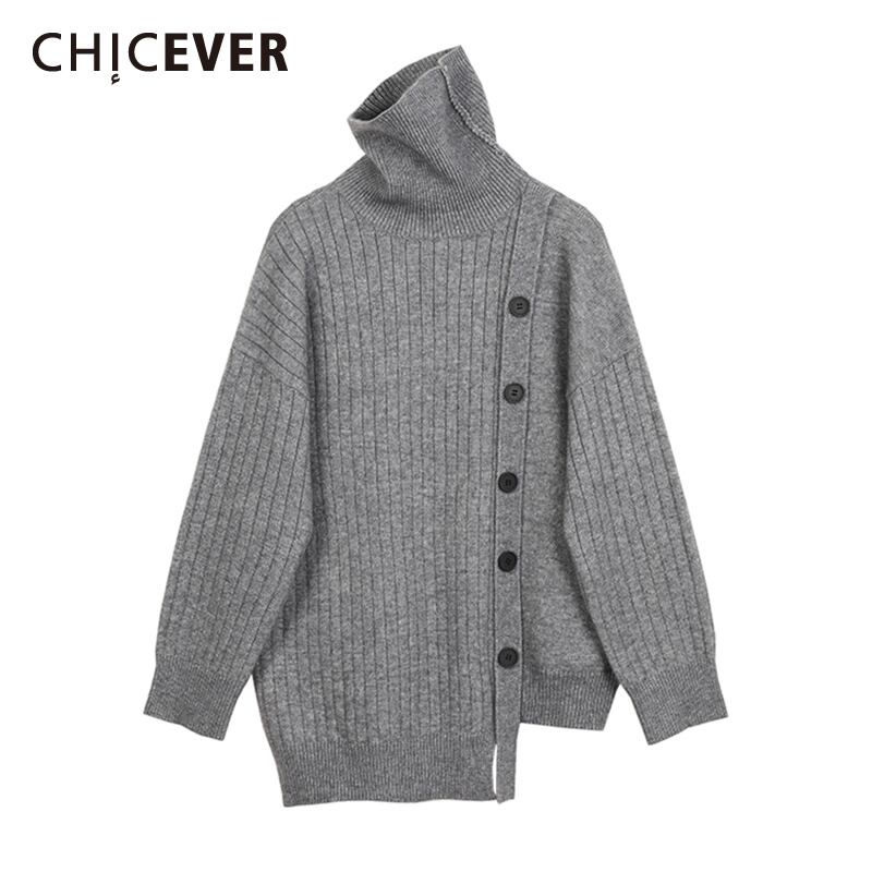 CHICEVERグレーのセーター女性タートルネック長袖パッチワークボタンゆるい特大セーター2020冬服 ロング ウィンター 冬物 6base584580734491