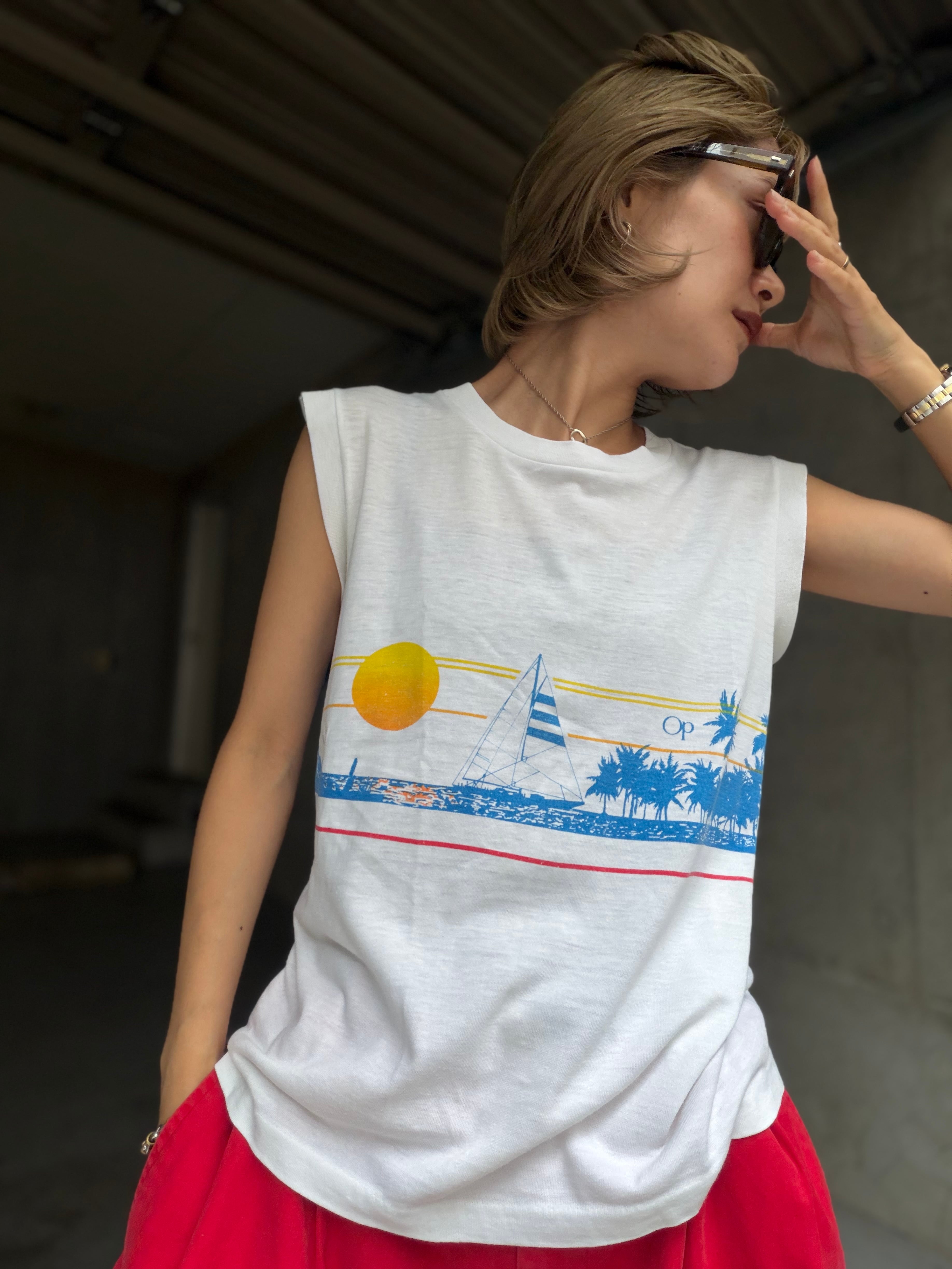 (CS2387)90‘s OCEAN PACIFIC wraparound graphic tank top made in USA