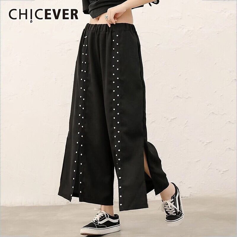 CHICEVER春の女性パンツ弾性ウエストパッチワークビーズポケットボトムスプリットフレアパンツ2020 エラスティック 伸縮 スプリング 春物 6base556945201510