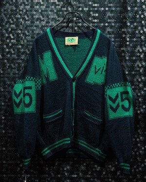 【ÆIEM】PATRICE BRÉAL vintage graphic knit cardigan “M V5” navy × green college motif edition
