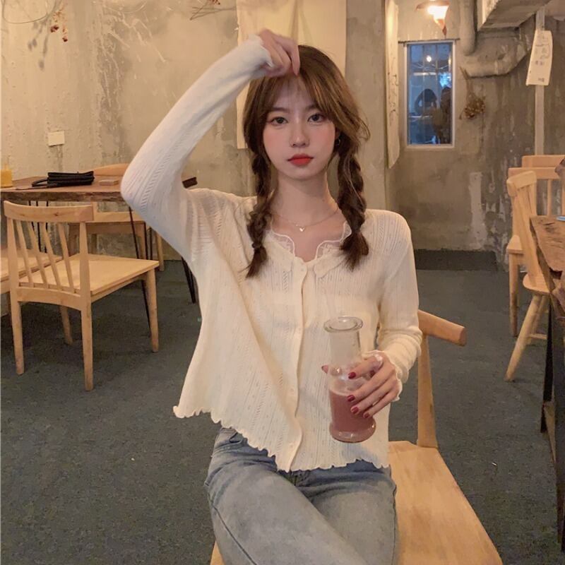ホワイトニットカーディガンジャケット スプリングオータムスタイル薄手トップス 春物 秋物 YY-ファッション71528225979