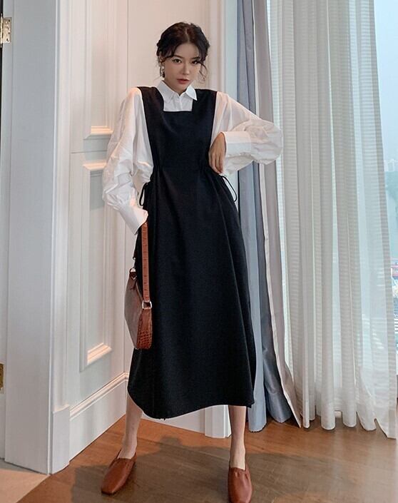 ノースリーブワンピース ジャンパースカート ブラック ロング丈 サイド